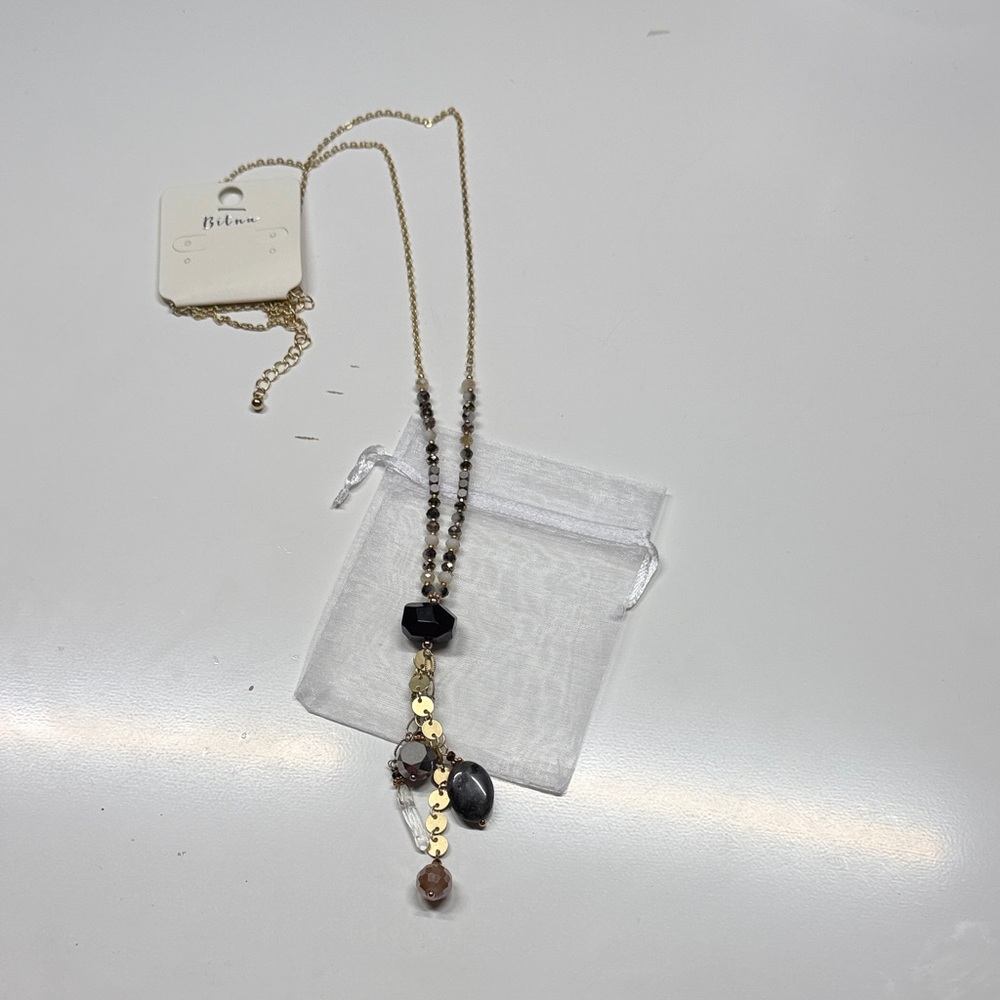 Beaded Gold-Tone Pendant Necklace with Black and Brown Accents